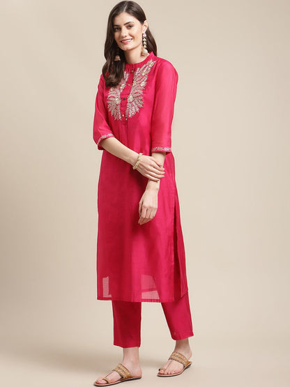 Indyancart VA Women's Magenta Floral Chanderi Silk Kurta with Trousers & With Dupatta