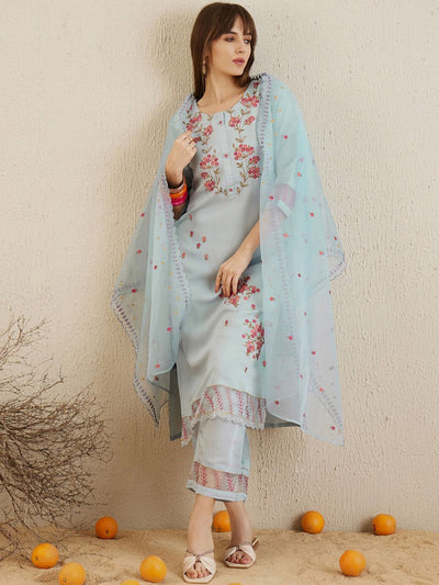 Indyancart IE Floral Embroidered Round Neck Thread Work Kurta with Trousers & With Dupatta