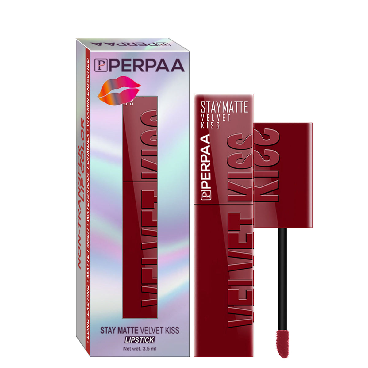 PERPAA Velvet Kiss Matte Waterproof Liquid Lipstick in Bright Maroon, featuring smooth, velvety texture and vibrant color application.