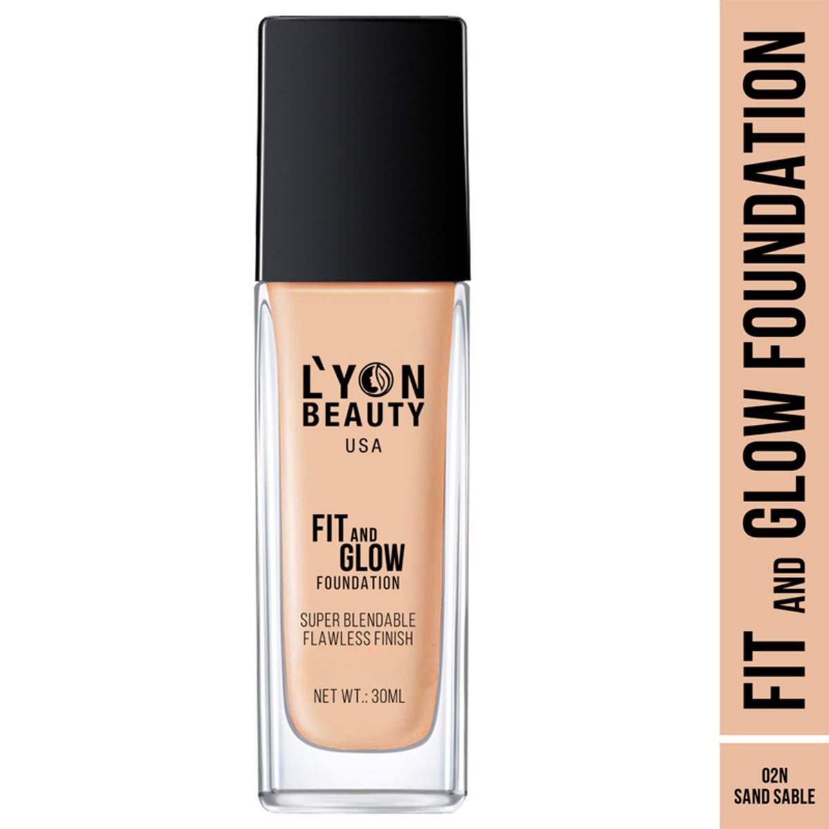 Lyon Beauty Fit & Glow Foundation in Sand Sable 02, liquid makeup with a smooth finish, featuring a beige shade in a sleek bottle.