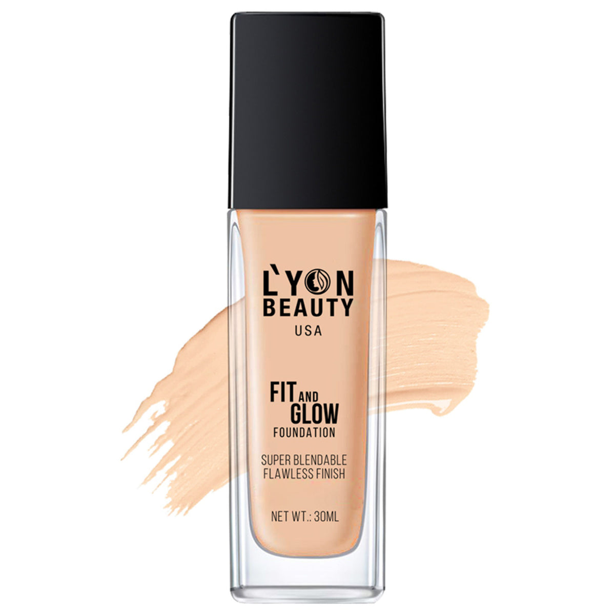 Lyon Beauty Fit & Glow Foundation in Sand Sable 02, close-up of the bottle showing the product label and packaging.