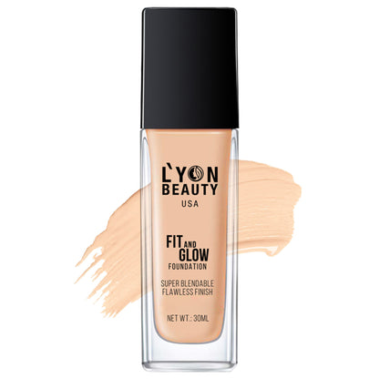 Lyon Beauty Fit & Glow Foundation in Sand Sable 02, close-up of the bottle showing the product label and packaging.