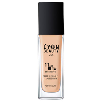 Lyon Beauty Fit & Glow Foundation in Sand Sable 02, creamy foundation tube with a beige cap and product label.