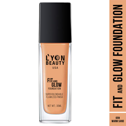 Lyon Beauty Fit & Glow Foundation in Warm Sand 05, a close-up of the foundation bottle with warm beige liquid inside.