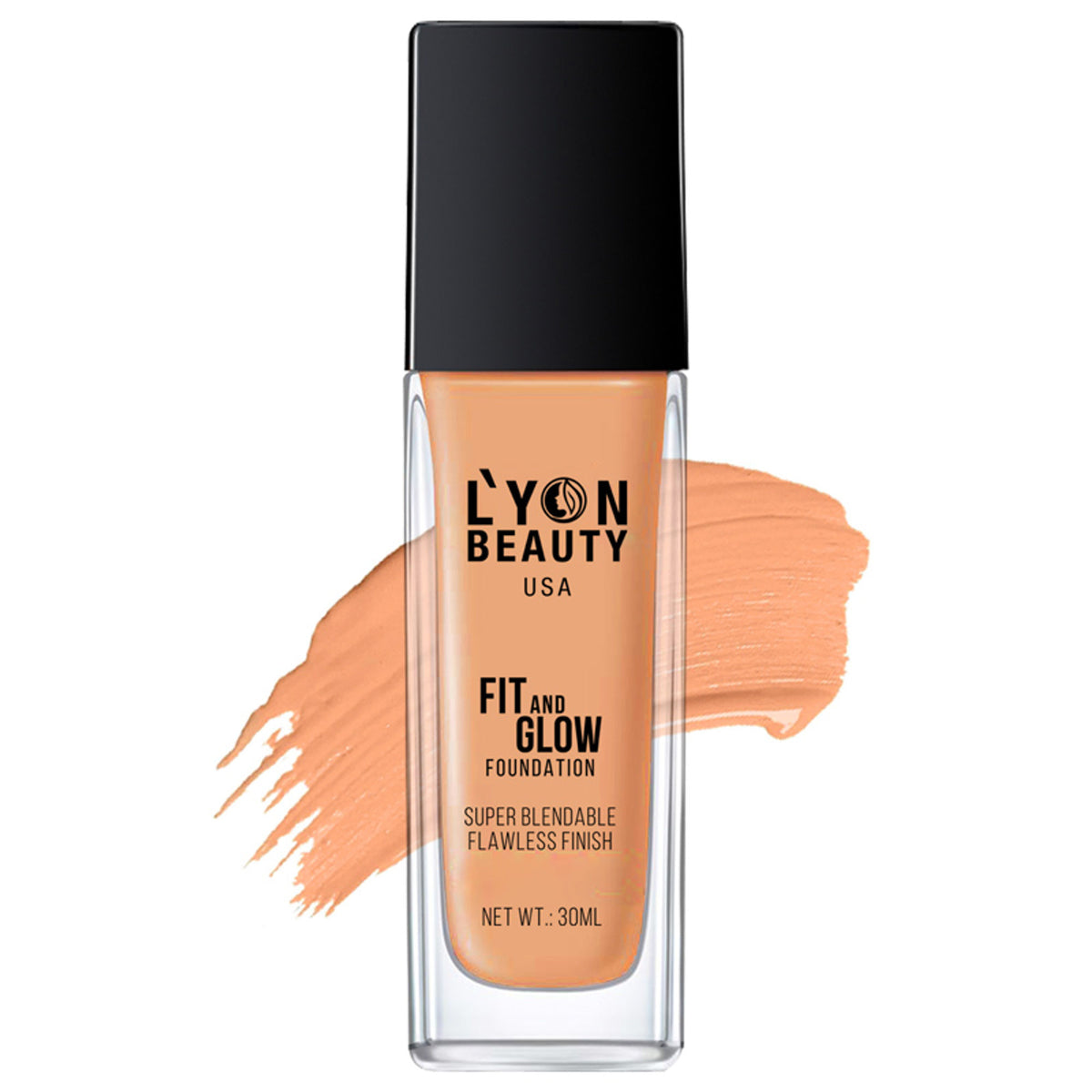 Lyon Beauty Fit & Glow Foundation in Warm Sand 05, close-up of the bottle with the product label visible.