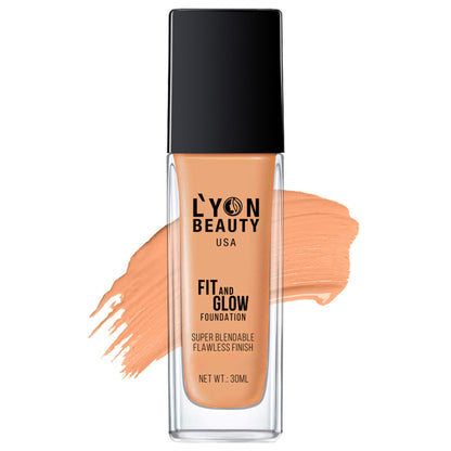 Lyon Beauty Fit & Glow Foundation in Warm Sand 05, close-up of the bottle with the product label visible.