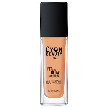 Lyon Beauty Fit & Glow Foundation in Warm Sand 05, close-up of the bottle showing the product label and applicator.