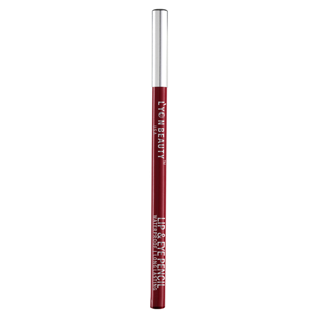 Lyon Beauty Lip and Eye Pencil in Scarlet, featuring a sleek black pencil with red lipstick and eye makeup swatches.