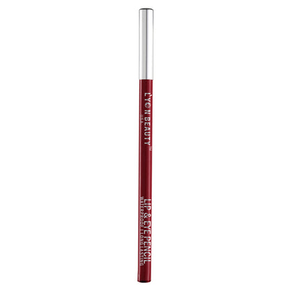 Lyon Beauty Lip and Eye Pencil in Scarlet, featuring a sleek black pencil with red lipstick and eye makeup swatches.