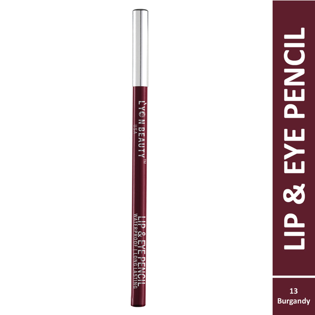 Lyon Beauty Lip & Eye Pencil in Burgundy 13, featuring a close-up of the pencil tip and vibrant burgundy color.