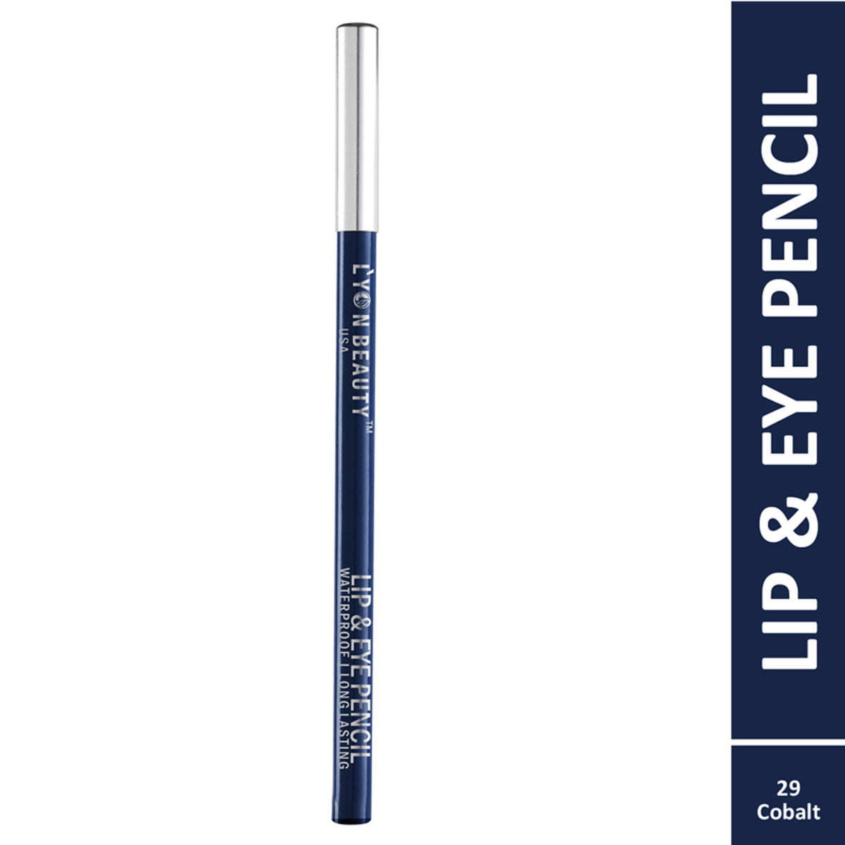 Lyon Beauty Lip & Eye Pencil in Cobalt 29, showing the sleek pencil with vibrant blue tip and packaging.