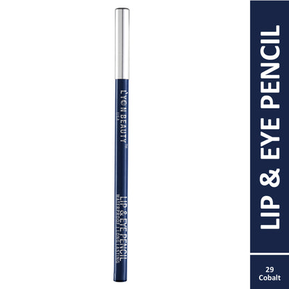 Lyon Beauty Lip & Eye Pencil in Cobalt 29, showing the sleek pencil with vibrant blue tip and packaging.