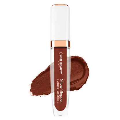 Lyon Beauty Show Stopper Liquid Lipstick in Expresso Martini 03, deep nude shade, with applicator brush visible.