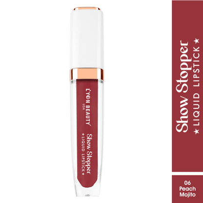 Lyon Beauty Show Stopper Liquid Lipstick in Peach Mojito 06 with smooth, vibrant peach-colored finish on lips