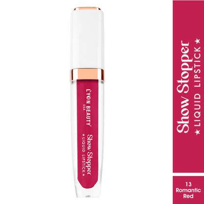 Lyon Beauty Show Stopper Liquid Lipstick in Romantic Red 13, showcasing vibrant red liquid lipstick on a model's lips.