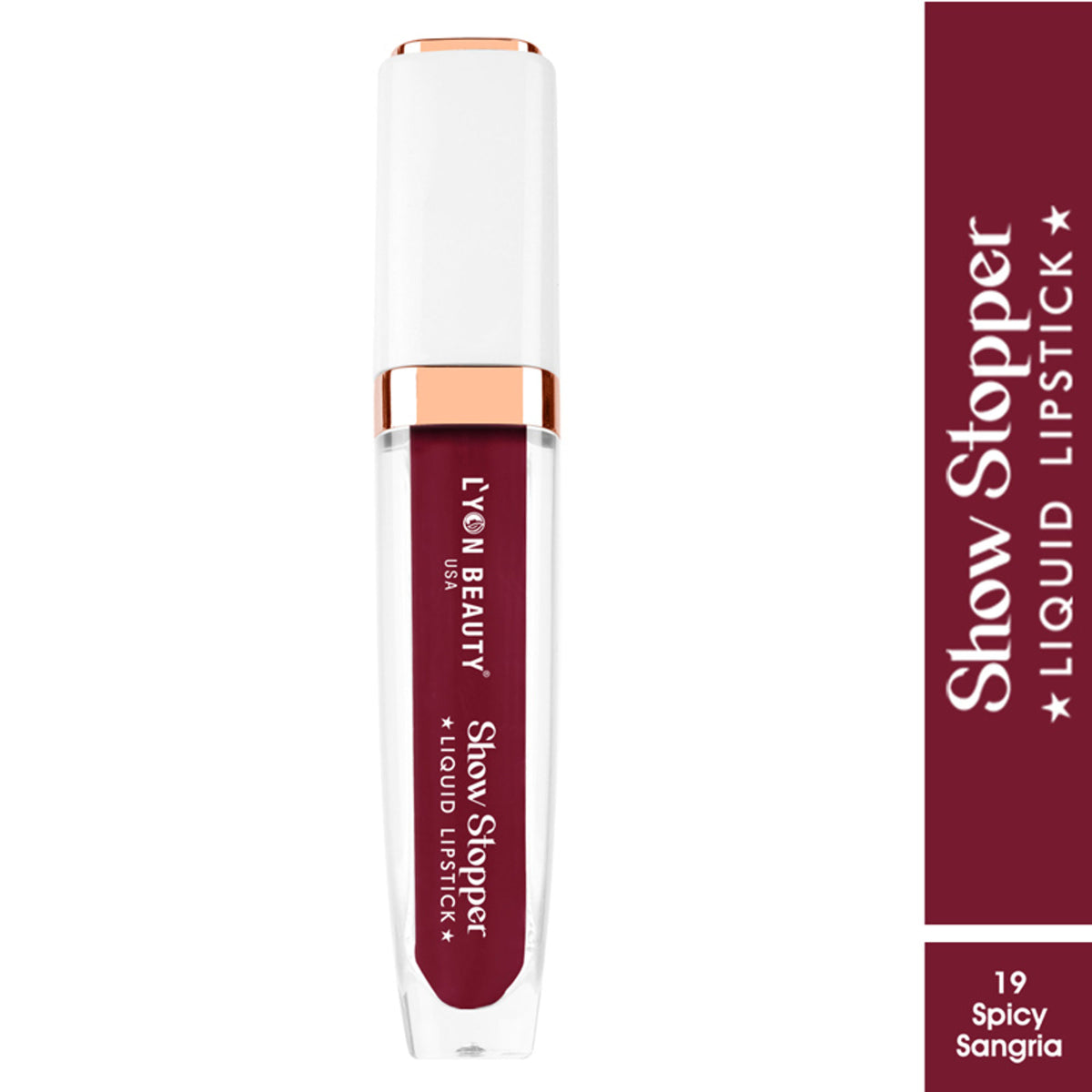 Lyon Beauty Show Stopper Liquid Lipstick in Spicy Sangria 19, deep red liquid lipstick with smooth application and glossy finish.