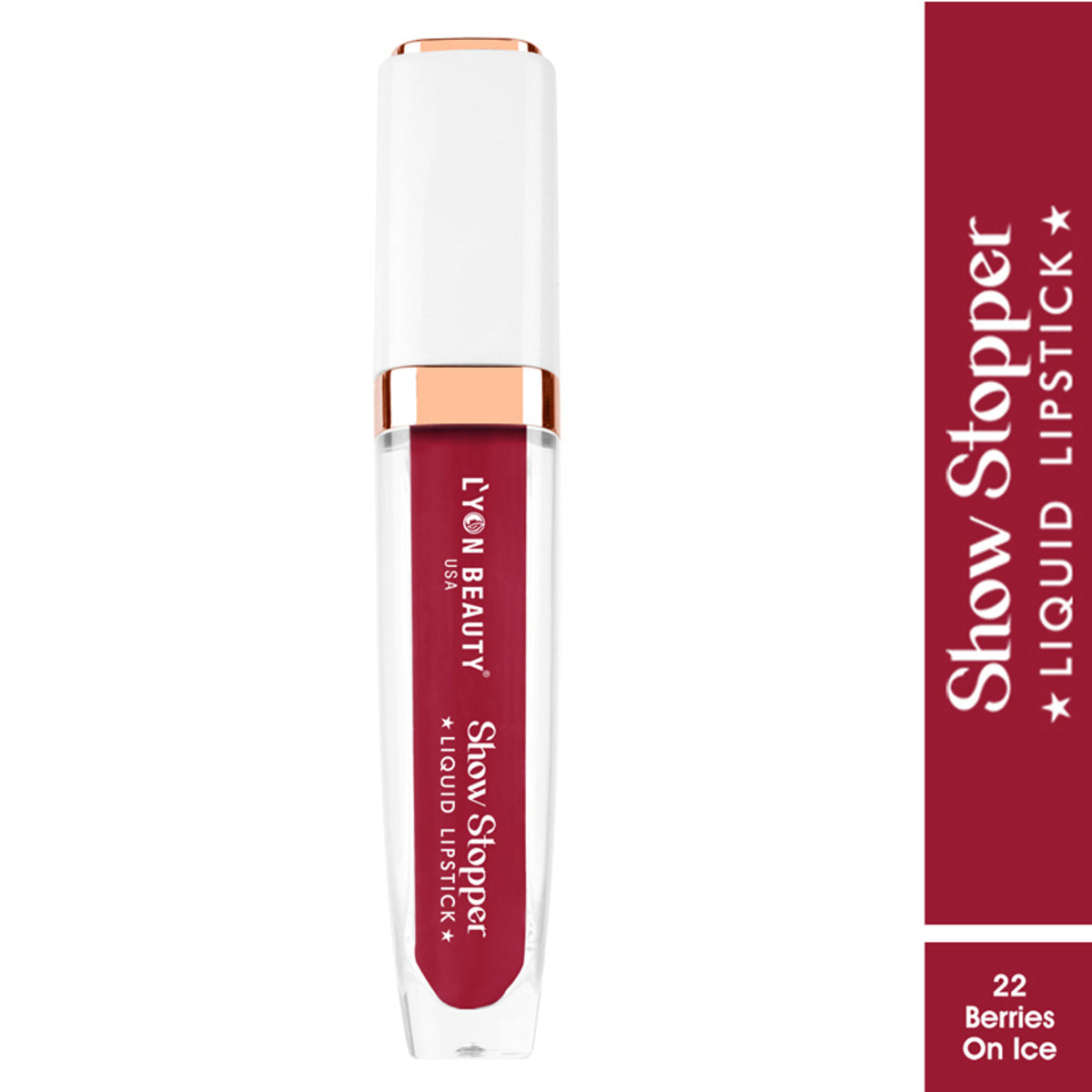 Lyon Beauty Show Stopper Liquid Lipstick in Berries On Ice 22, vibrant berry shade applied to lips with smooth finish.