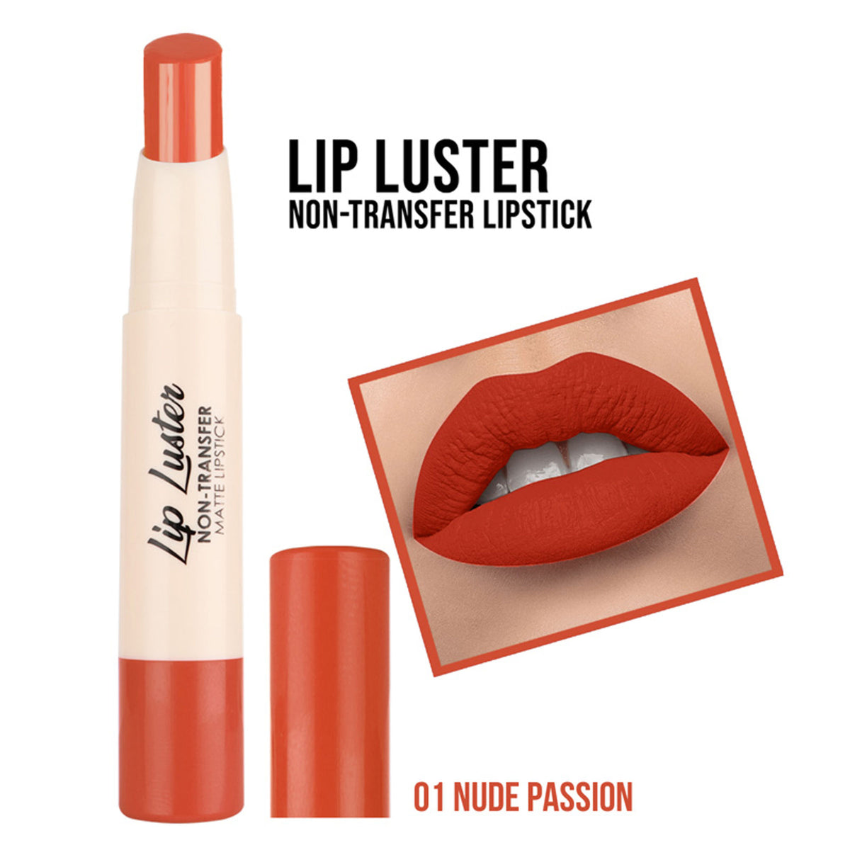 Lyon Beauty Lip Luster Non-Transfer Matte Lipstick in Nude Passion 01, showcasing the smooth, nude-colored lipstick on a neutral background.