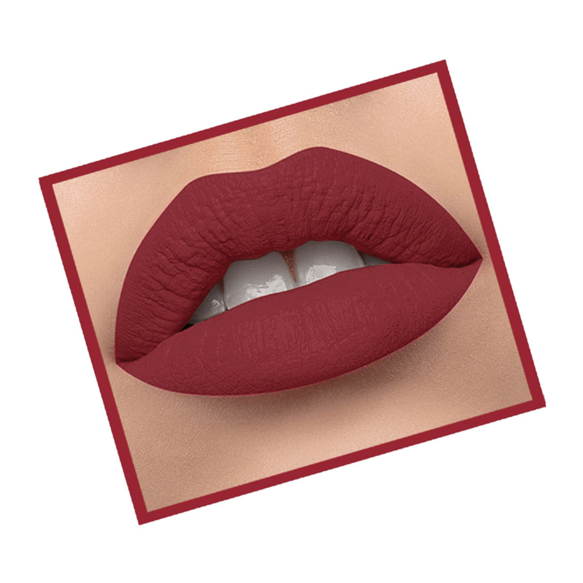 Lyon Beauty Lip Luster non-transfer matte lipstick in Indian Red 09, showing a sleek lipstick tube and swatch on skin.
