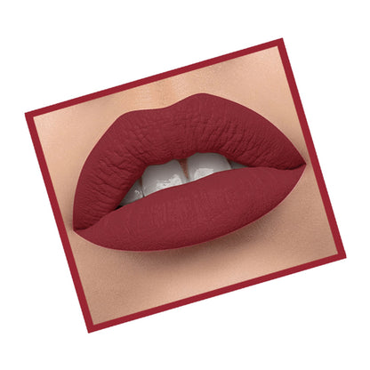 Lyon Beauty Lip Luster non-transfer matte lipstick in Indian Red 09, showing a sleek lipstick tube and swatch on skin.