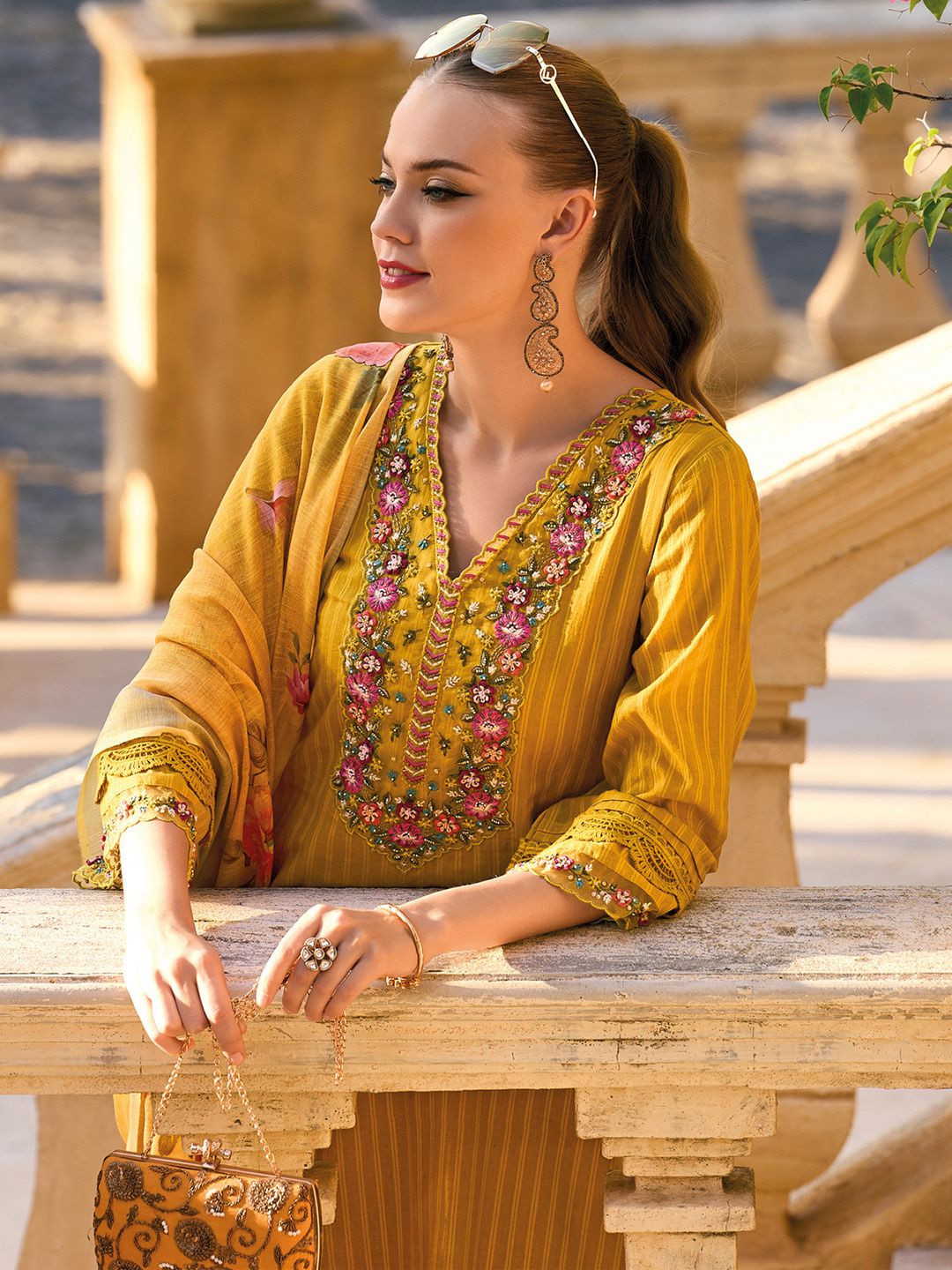 Striped Thread Work Pure Cotton Bell Sleeves Straight Kurta & Trousers & Dupatta