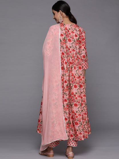 Indyancart VA Women's Peach-Coloured Floral Printed Empire Gotta Patti Pure Cotton Kurta with Trousers & With