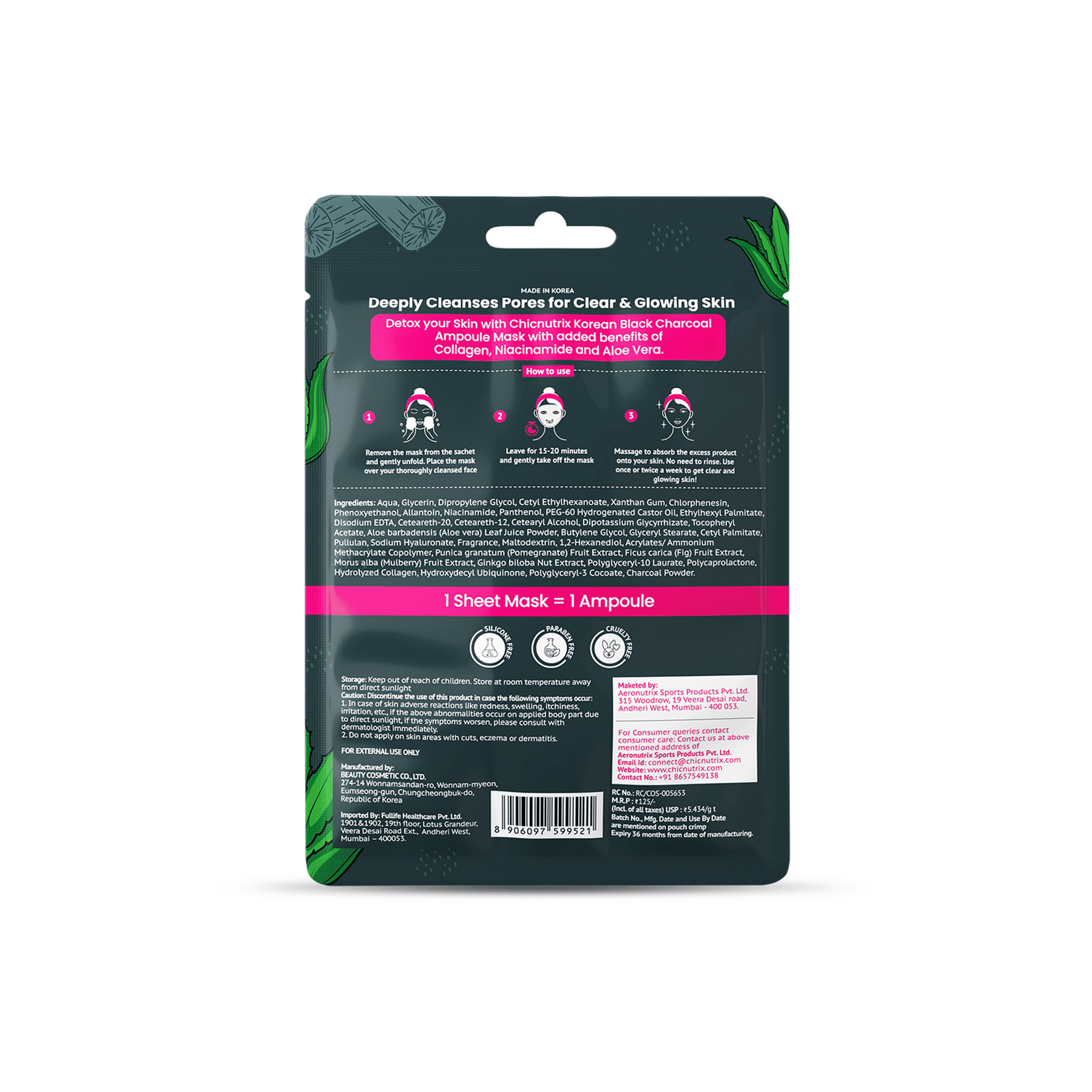 Chicnutrix Korean Black Charcoal + Aloe Vera + Niacinamide Sheet Mask