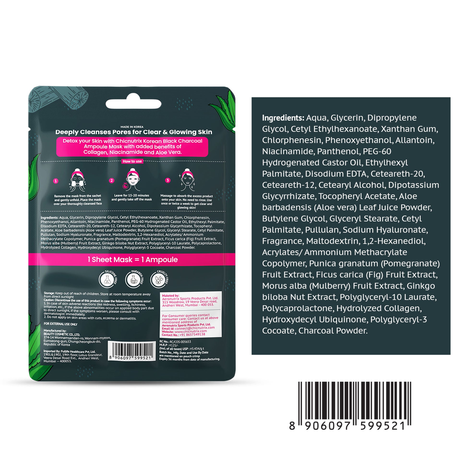 Chicnutrix Korean Black Charcoal + Aloe Vera + Niacinamide Sheet Mask