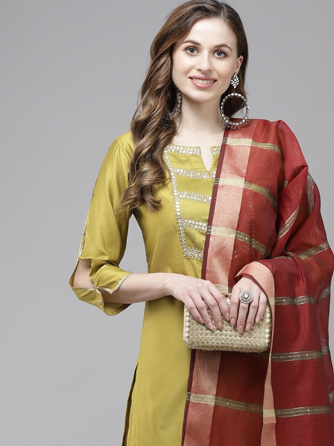 Indyancart IE Women Olive Green Regular Liva Kurta with Trousers & With Dupatta