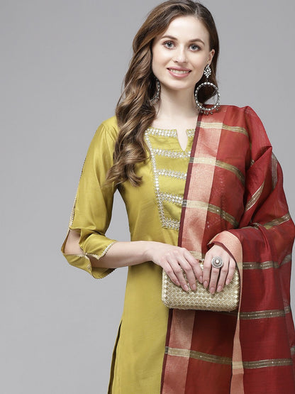 Indyancart IE Women Olive Green Regular Liva Kurta with Trousers & With Dupatta