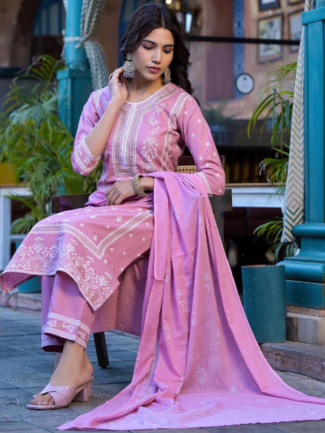 Indyancart VA Women'sFloral Printed Regular Miirror Work Pure Cotton Kurta With Trouser & Dupatta