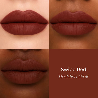 LoveChild Masaba Air Gasm Blurring Lip Tint in Swipe Red applied on lips, showcasing vibrant red color and smooth finish.