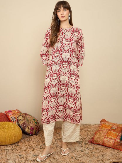 Indyancart IE Floral Printed Round Neck Straight Kurta