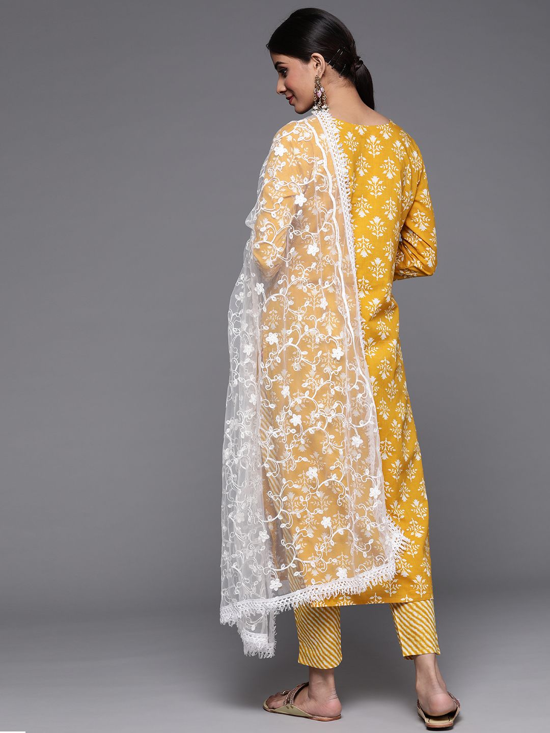 Indyancart VA Women's Mustard Yellow Ethnic Motifs Printed Sequinned Pure Cotton Kurta with Trousers & With Dupatta