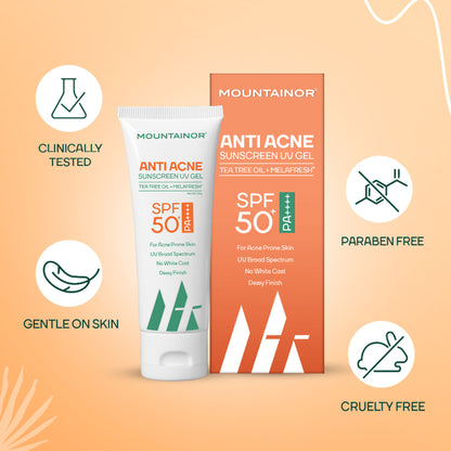 Mountainor Sunscreen for Oily Skin, Anti Acne UV Face Gel SPF 50 PA++++ Glow, Matte & No White Cast