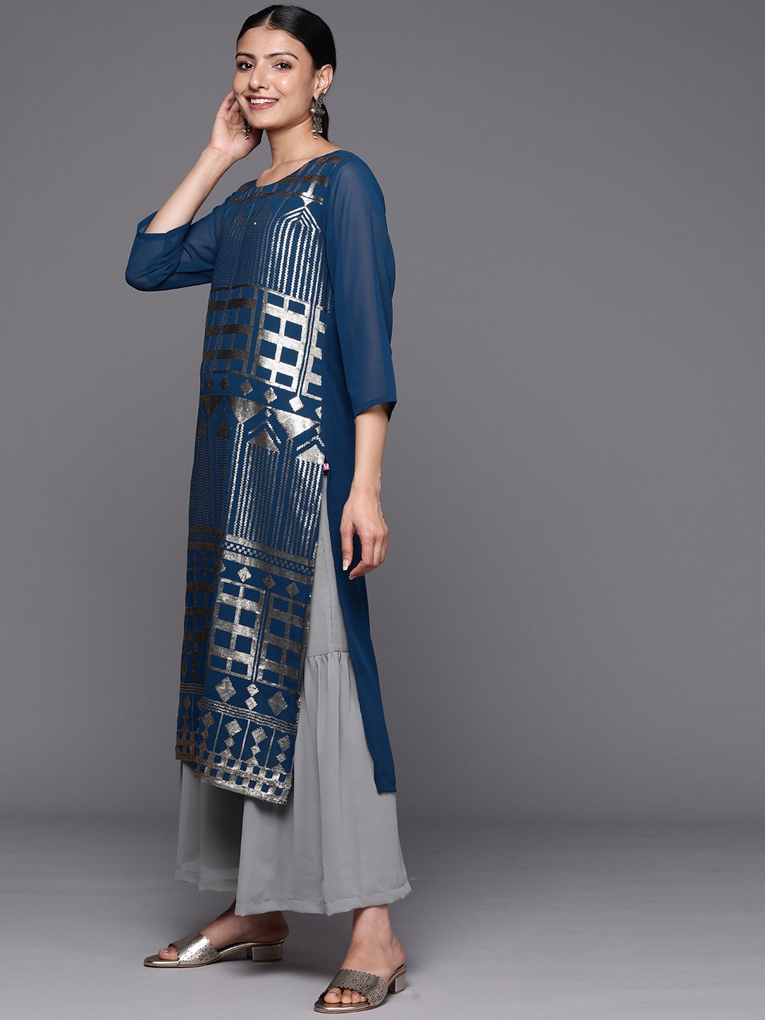 Indyancart VA Women's Grey Embroidered Sequinned Silk Georgette Kurta with Sharara & With Dupatta