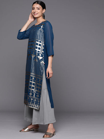 Indyancart VA Women's Grey Embroidered Sequinned Silk Georgette Kurta with Sharara & With Dupatta