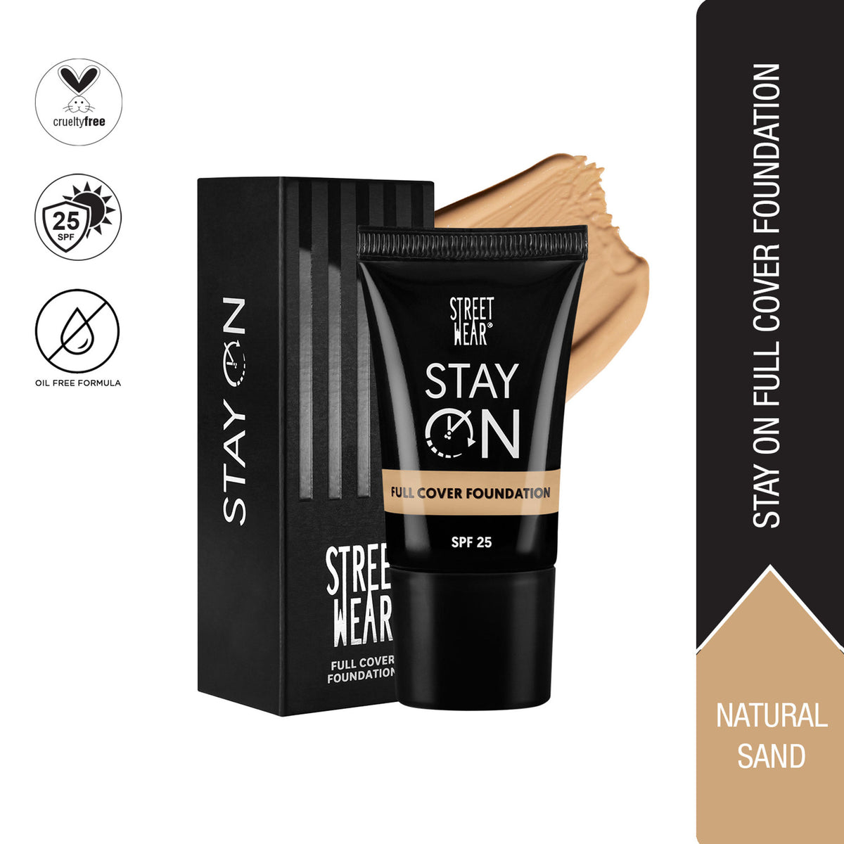 Street Wear Stay On Full Cover Foundation in Natural Sand, close-up of the foundation bottle showing the product and branding.