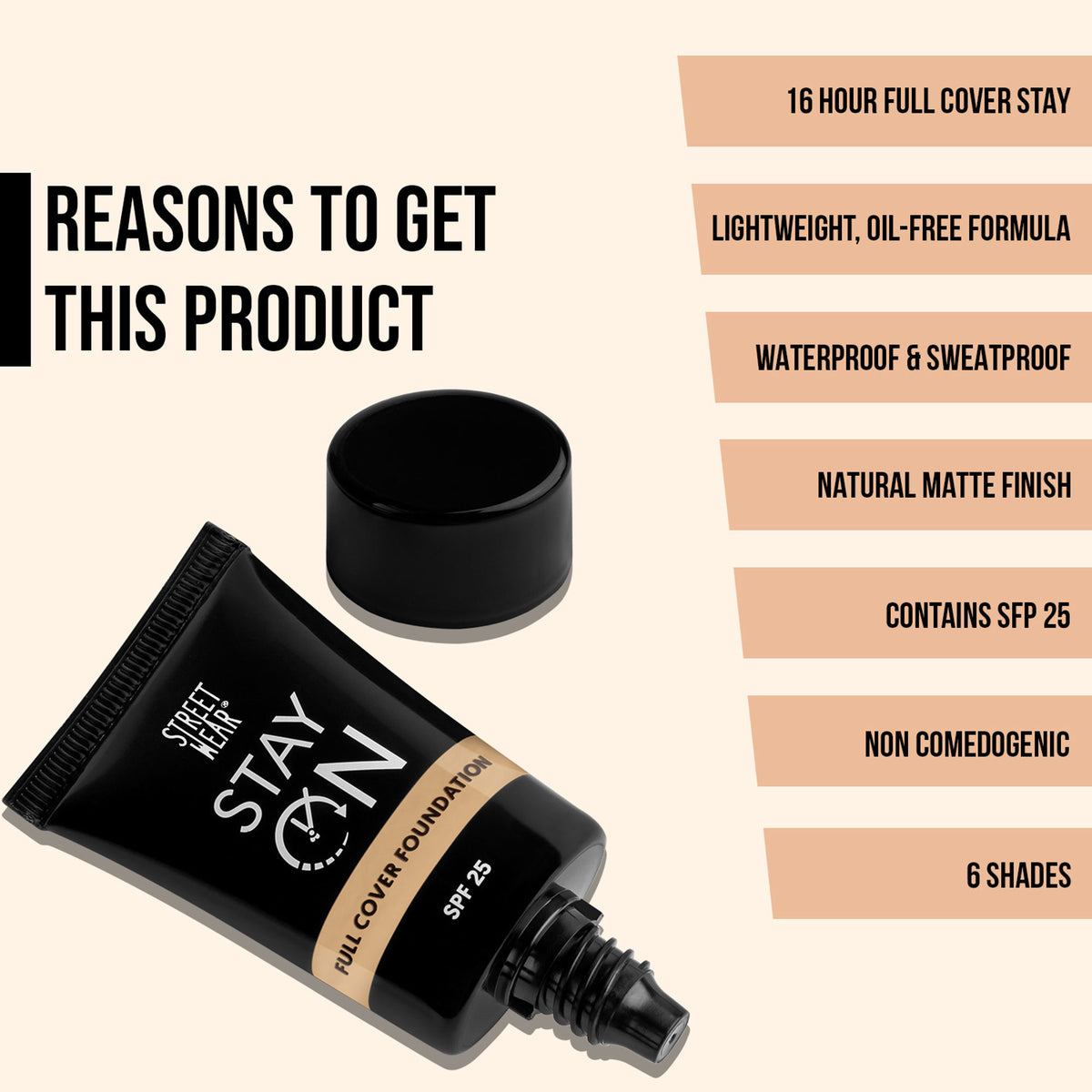 Street Wear Stay On Full Cover Foundation in Natural Sand, showcasing smooth, full-coverage makeup with a natural finish.