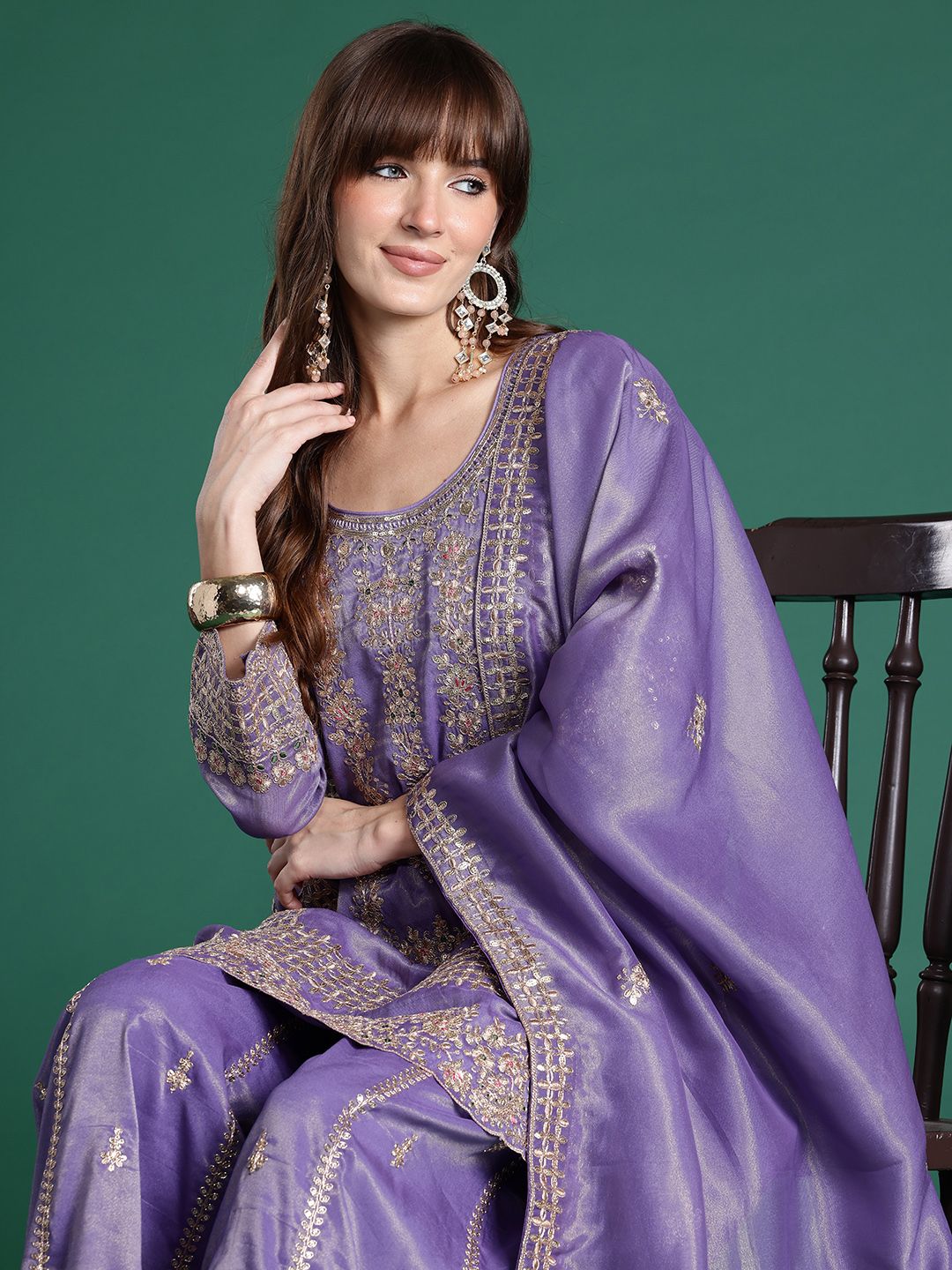 Indyancart IE Ethnic Motifs Embroidered Sequinned Kurta With Palazzos & Dupatta