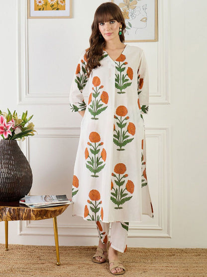 Floral Printed A-Line Pure Cotton Kurta With Trouser