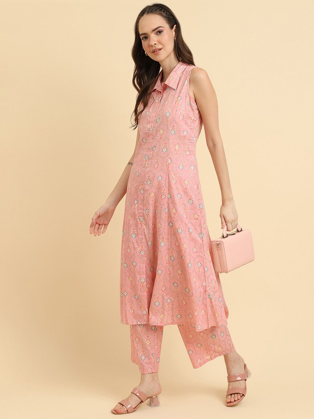 Indyancart VA Women'sPink Floral Printed Regular Kurta with Trousers