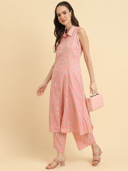 Indyancart VA Women'sPink Floral Printed Regular Kurta with Trousers