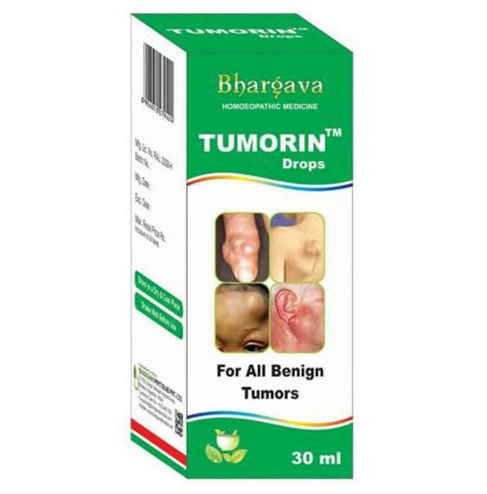 Dr. Bhargava Homeopathy Tumorin Drops bottle with label, featuring the product name and brand, set against a plain background.