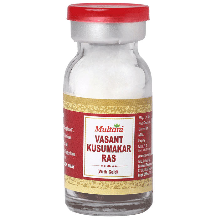 Multani Vasant Kusumkar Ras Ayurvedic tablets with gold, traditional herbal supplement for wellness, shown in a clear container.