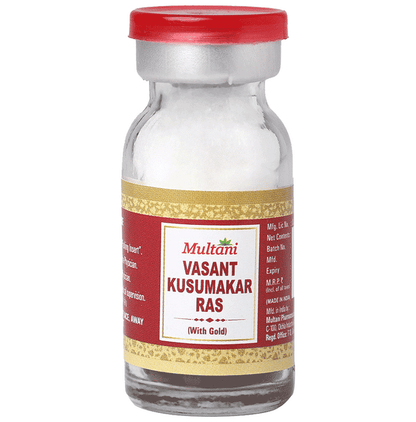 Multani Vasant Kusumkar Ras Ayurvedic tablets with gold, traditional herbal supplement for wellness, shown in a clear container.