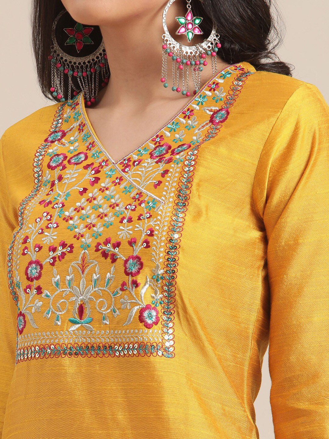 Indyancart VA Women's Mustard Yellow Floral Embroidered Empire Thread Work Kurta with Trousers & With Dupatta