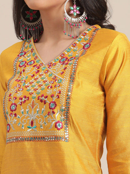 Indyancart VA Women's Mustard Yellow Floral Embroidered Empire Thread Work Kurta with Trousers & With Dupatta