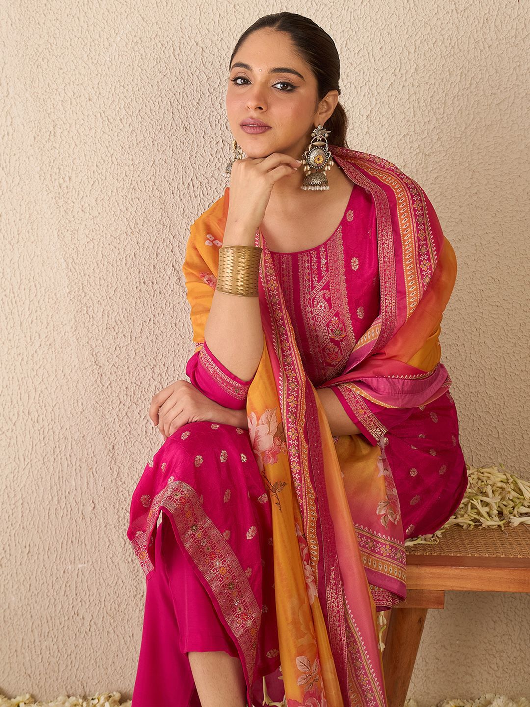 Women Ethnic Motifs Regular Kurta with Trousers & With Dupatta