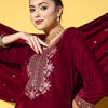 Indyancart VA Women'sWinter Floral Zari Embroidered Velvet Kurta With Trousers & Dupatta.